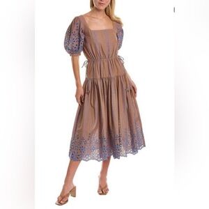 Joie Brown Midi Dress with Blue Eyelet Trim Retails $428